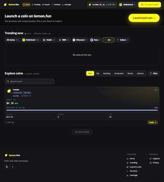 A dark-themed screenshot of the Lemon.fun website, displaying a 'Launch a coin on lemon.fun' page with trading options and coin exploration sections.