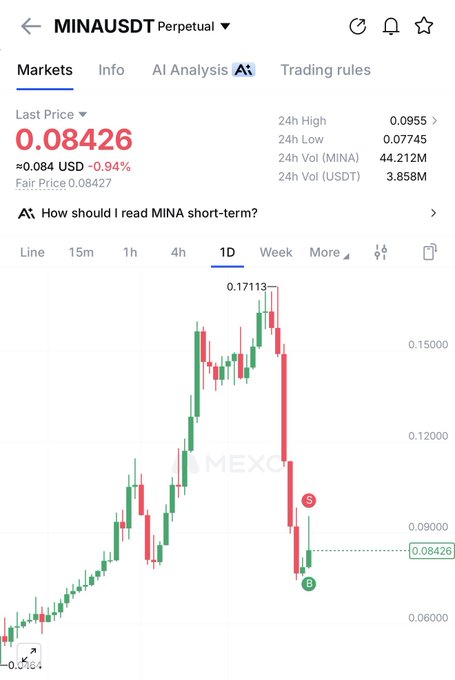 A MEXC trading chart for MINA/USDT Perpetual shows a sharp decline from a 24h high of 0.0955 down to 0.08426 (-0.94%), with the candlestick pattern indicating a steep sell-off after peaking at 0.17113—visually capturing the "send it hard" sentiment through dramatic bearish price action.