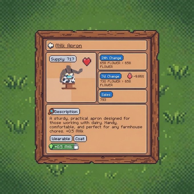 The image features a computer game screen displaying information about a milkmaid character named "@0xSunflowerLand". The game seems to be promoting a Milkmaid giveaway, as there is text encouraging players to enter the contest by using a special "@0xSunflowerPower" code. A wooden frame surrounds the image, adding to its vintage feel.