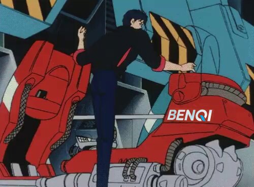 The image features an animated cartoon character standing next to a red robot with the word "benqi" written on its side. The character appears to be inspecting or interacting with the robot, which has a large head and a long arm extending out from its body. In the background, there is a blue wall with yellow stripes, adding depth to the scene. The image also includes text that reads: "Hop in, we're headed for a future powered by @avax".
