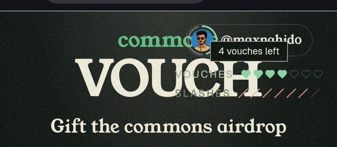 A graphic for a 'commons' VOUCHER SLASH event, showing a user profile with 4 vouchers left and the text 'Gift the commons airdrop.'