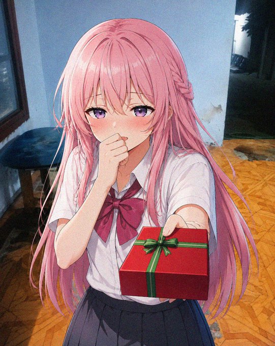 A pink-haired anime girl in a school uniform shyly holds out a red gift box with a green ribbon, matching the post's announcement of "Momo" reward packs containing ETH, MOMO tokens, slabs, and booster packs for activated holders.