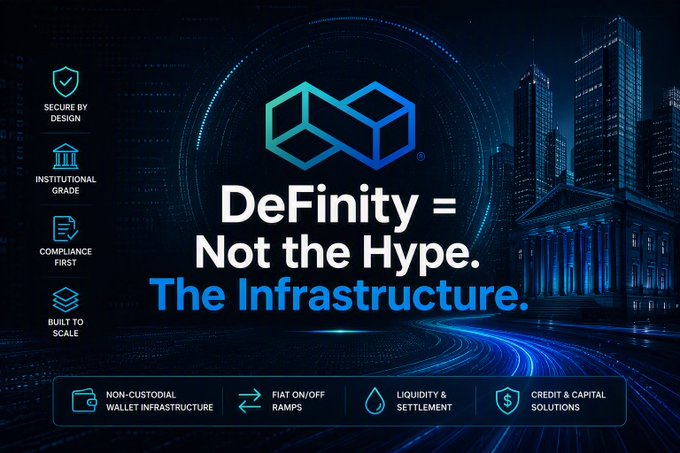 A marketing banner for DeFinity reading "DeFinity = Not the Hype. The Infrastructure." highlighting features like Secure by Design, Institutional Grade, and Non-Custodial Wallet Infrastructure.