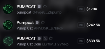 A Pump.fun meme coin ranking displays three Pump Cat variants with market caps: PUMPCAT (G4vqe8...Zhpump) at $179K, Pumpcat (ANM35K...p7kRqP) at $242.5K, and the leading PUMPCAT paired with $PUMP at $639.5K, supporting the post's claim of the "real" $PUMPCAT (ca: ELYfhv...H2VNRp) reclaiming the top spot.