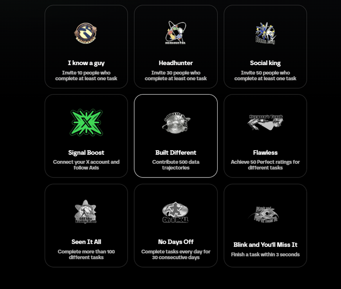 A dark-themed achievements or rewards screen displaying nine badges with titles like 'I know a guy', 'Headhunter', 'Social King', 'Signal Boost', 'Built Different', 'Flawless', 'Seen It All', 'No Days Off', and 'Blink and You'll Miss It', each with task completion descriptions.