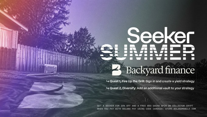 A promotional graphic for 'Seeker SUMMER' by Backyard finance, featuring a purple-tinted backyard scene and quests including 'Fire Up the Grill' and 'Diversify,' offering a 20% off code and a free $50 GACHA spin.