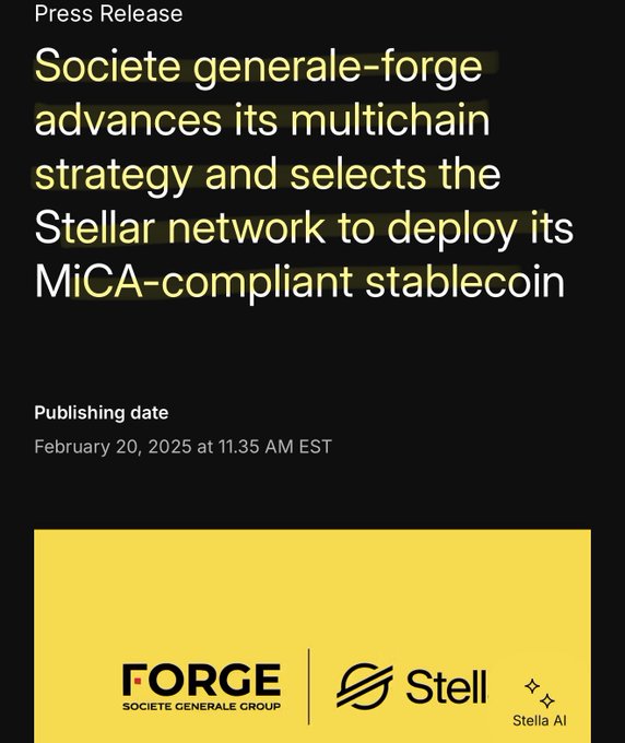 A press release dated February 20, 2025, announcing that Société Générale-Forge has selected the Stellar network to deploy its MiCA-compliant stablecoin as part of its multichain strategy, featuring the Forge (Société Générale Group) and Stellar logos—corroborating the claim that MiCA-compliant stablecoins are actively being deployed on Stellar.