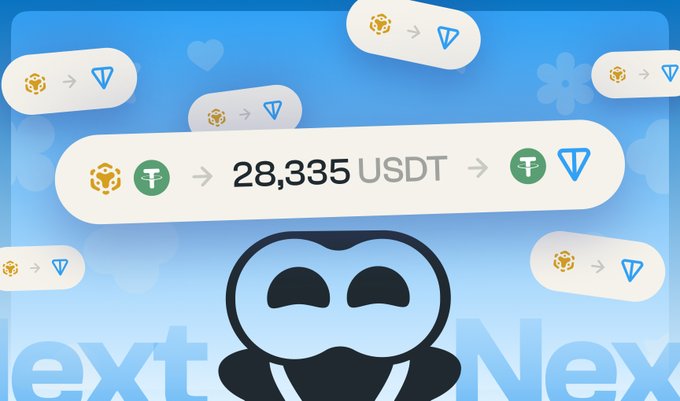 A promotional graphic showing cryptocurrency conversions from BNB to Tether (USDT), featuring an example conversion of 28,335 USDT, with a cute blue mascot character and the word 'Next' visible in the background.