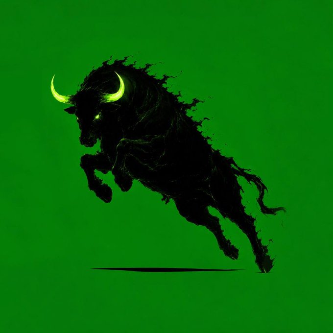 A stylized digital artwork of a dark, shadowy bull with glowing green eyes and horns charging forward against a bright green background.