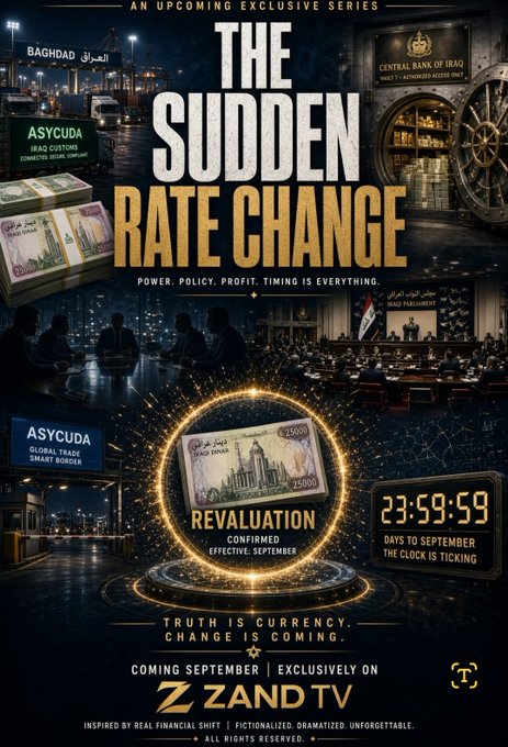 A promotional poster for "The Sudden Rate Change" featuring a blonde woman against a rustic backdrop, with key text highlighting "Iraqi Parliament," "Digital Dinar," and "2027 budget," visually tying into the post's announcement about Iraq's upcoming budget reading and national rollout of the digital currency.