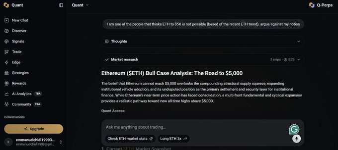 A Quant trading platform interface displays an analysis titled "Ethereum ($ETH) Bull Case Analysis: The Road to $5,000," featuring a user message expressing skepticism that ETH can reach $5,000 based on recent market performance, alongside a 5-step market research breakdown showing Quant's contrarian bullish perspective that institutional demand and structural supply squeezes could drive ETH to new all-time highs.