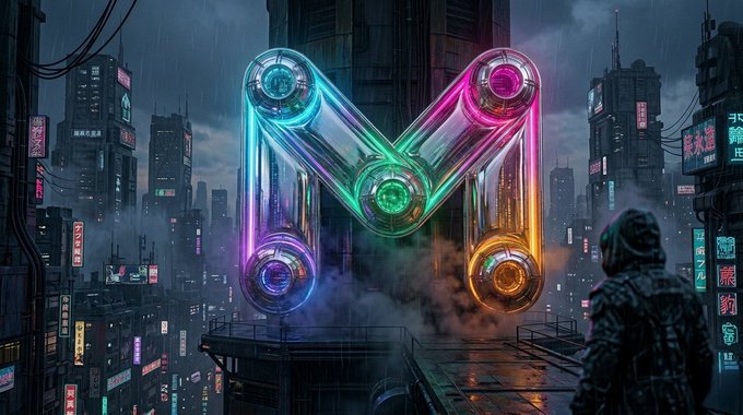 A cyberpunk-style cityscape at night features a large, glowing 'M' logo made of illuminated tubes and gears, with a cloaked figure standing in the foreground overlooking the rain-soaked streets.