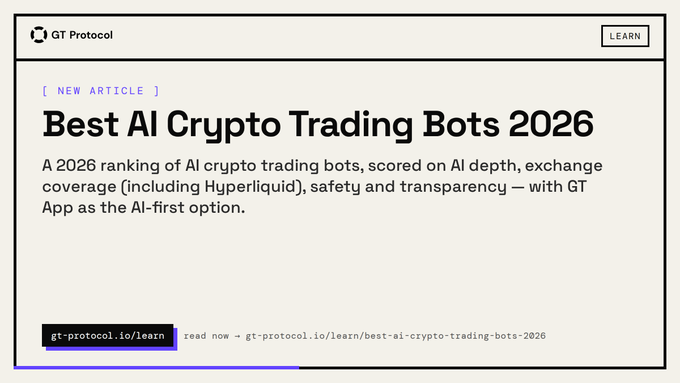A GT Protocol blog announcement card highlighting their new article "Best AI Crypto Trading Bots 2026," which ranks AI crypto trading bots by AI depth, exchange coverage including Hyperliquid, safety, and transparency, positioning GT App as the AI-first option. The card features a "LEARN" button in the top right and directs readers to gt-protocol.io/learn/best-ai-crypto-trading-bots-2026.