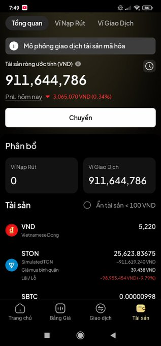 A Vietnamese cryptocurrency app screen showing total assets of 911,644,786 VND with holdings including STON at 25,623.83675 and SBTC.