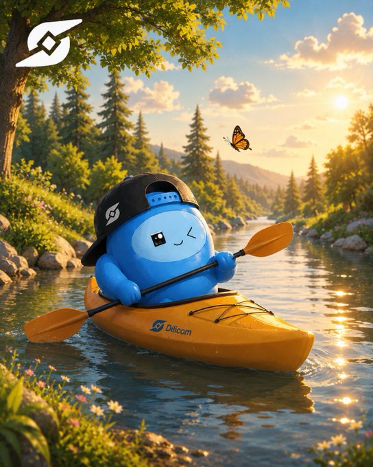 A digital illustration of a cute blue Dilicom mascot character wearing a cap and kayaking in an orange kayak down a scenic river surrounded by pine trees at sunset.