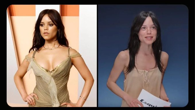 A side-by-side image comparing two women: on the left, a woman in a green dress, and on the right, a woman with dark hair in a beige top holding a paper with partial text "Eaque" visible.