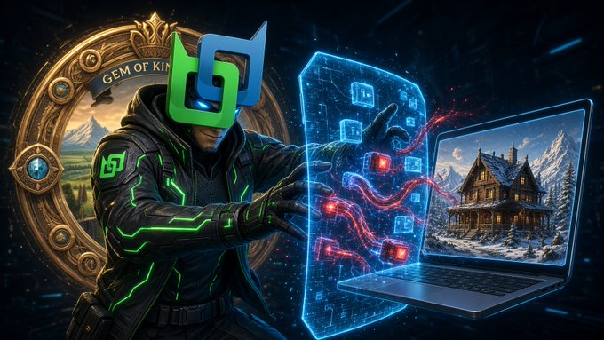 A futuristic hooded figure with green illuminated markings interacts with a glowing blue interface showing connected nodes and red lights, while a laptop displays a snowy mountain house; a circular emblem behind the figure reads “GEM OF KIN.”