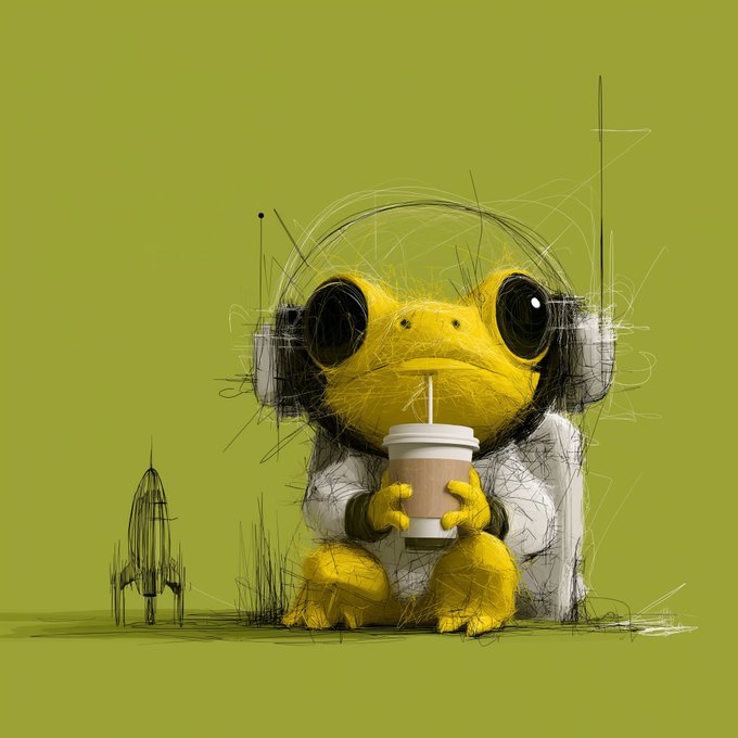 A sketch-style digital artwork depicts a yellow amphibian wearing headphones and a white coat, holding a takeaway coffee cup against a green background.