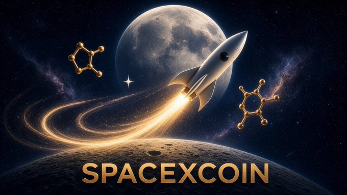A rocket soars past the moon with golden molecular structures floating in space, above a crescent-shaped planetary surface, with "SPACEXCOIN" prominently displayed in bold text—promoting the newly forming crypto token community and its milestones.