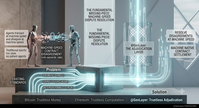 An infographic by @GenLayer framing dispute resolution as "Machine-Native Contract Settlement," positioning itself as the missing adjudication layer alongside Bitcoin and Ethereum.