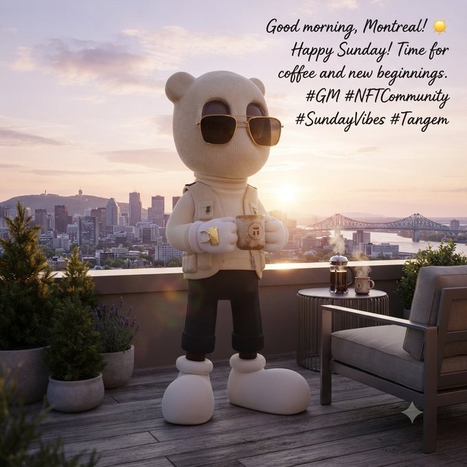 A white bear character wearing sunglasses and a vest holds a coffee mug on a balcony overlooking Montreal at sunrise, with text: 'Good morning, Montreal! Happy Sunday! Time for coffee and new beginnings. #GM #NFTCommunity #SundayVibes #Tangem'