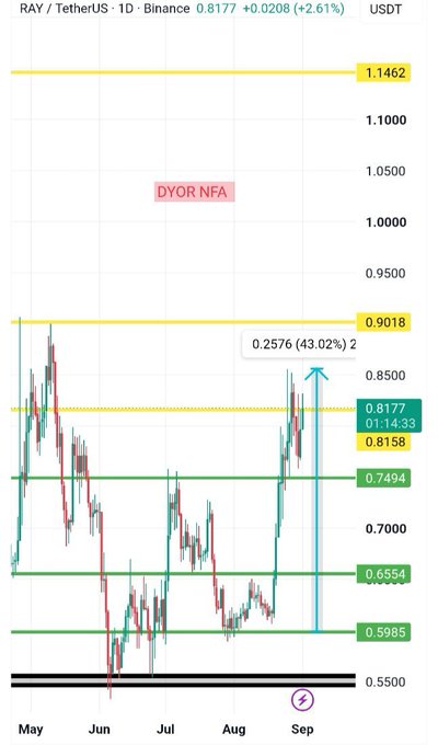 A 1-day Binance candlestick chart of $RAY/TetherUS shows price at 0.8177, up 2.61%, having rallied 43.02% to a high of 0.9018 before pulling back to test the 0.7494–0.8158 support zones that previously acted as accumulation, confirming the bullish structure referenced in the analysis.