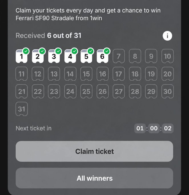 A mobile app screen for 1win showing a daily ticket claim calendar with 6 out of 31 tickets received, offering a chance to win a Ferrari SF90 Stradale.
