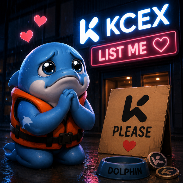 A 3D-rendered sad blue dolphin character wearing an orange life vest, sitting next to a cardboard sign that reads 'K PLEASE' with a red heart, in front of a neon sign displaying 'K KCEX LIST ME'.