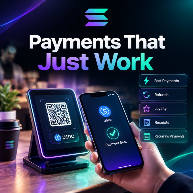 A promotional graphic for the Solana blockchain featuring the headline 'Payments That Just Work', showing a hand using a USDC mobile payment app next to a payment terminal with a QR code, with listed features including Fast Payments, Refunds, Loyalty, Receipts, and Recurring Payments.