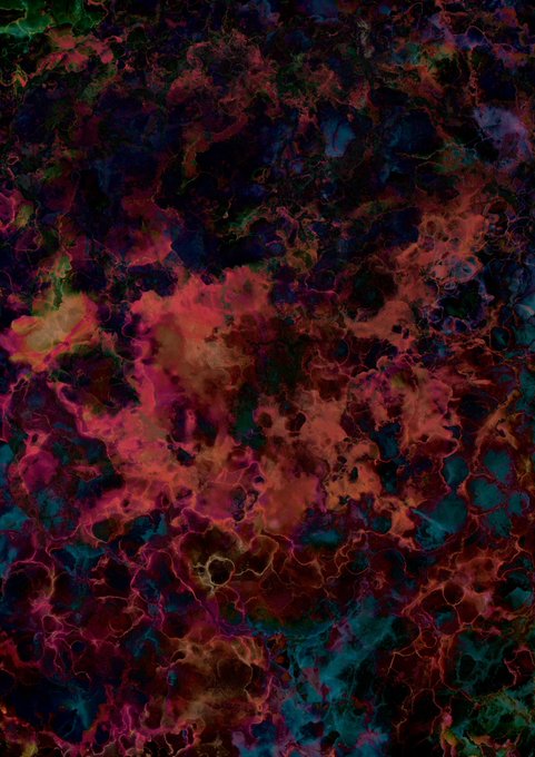 An abstract, dark textured image featuring swirling patterns of deep red, pink, blue, and green hues resembling a cosmic or cellular landscape.