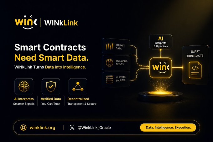 A promotional graphic for WINKLink with the text 'Smart Contracts Need Smart Data' and 'WINkLink Turns Data Into Intelligence,' showing AI interpreters, verified data, and decentralized features connecting market data, real-world events, and multiple sources to smart contracts.