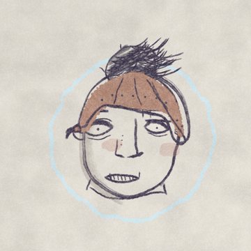 A simple digital drawing of a person's face with a brown beanie, dark messy hair on top, and a faint blue circular outline.