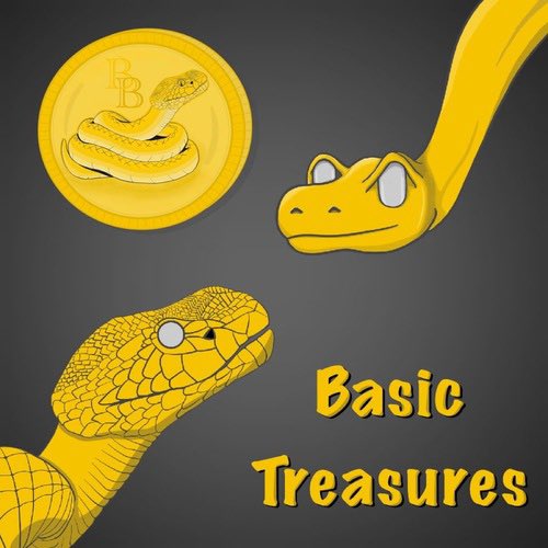 The image features a cartoon snake with its head tilted upwards, looking towards another snake that has a coin on its back. The snake on the right side of the image has a gold coin attached to its back. Below these two snakes, there is text that reads "Basic Treasures". This suggests that the image might be related to basic treasures or coins in some way.