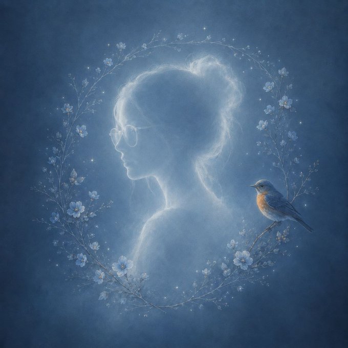 Ethereal digital illustration in soft blue tones depicting the silhouette of a woman wearing glasses, framed by a wreath of delicate flowers and stars, with a small bluebird perched on a branch beside her.