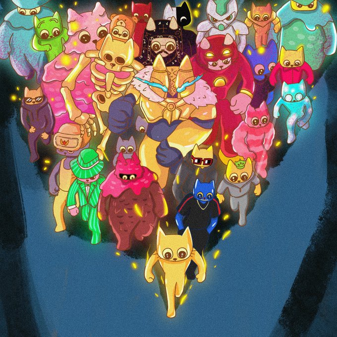 A vibrant illustration shows a cat-like figure at the center surrounded by a crowd of colorful, monstrous cat characters radiating outward, resembling a meme coin community gathering. The imagery aligns with the post's theme of meme coin culture and community-driven tokens, using the cats as a visual metaphor for the strong "cult following" the poster describes as essential to meme projects.