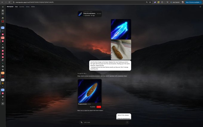 A screenshot of a Memeputer chat interface with a dark landscape background, showing a conversation about an image with a blue streak in space resembling a "Poppin'cereal" cereal bowl.