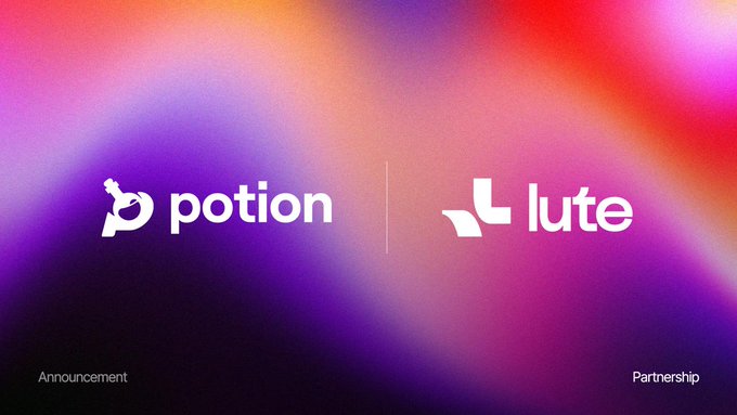 An announcement graphic featuring the "potion" and "lute" logos side by side against a vibrant purple and orange gradient background, with the words "Announcement" and "Partnership" displayed in the bottom corners. The image visually represents the new partnership between Potion and Lute, aligning with the post announcing their collaboration on what is described as the fastest trading terminal with social trading capabilities.