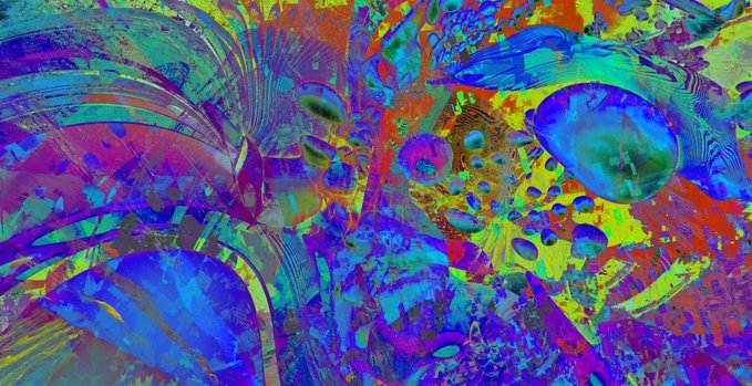 A psychedelic abstract digital artwork featuring swirling blue, purple, green, and red organic shapes with bubble-like forms.