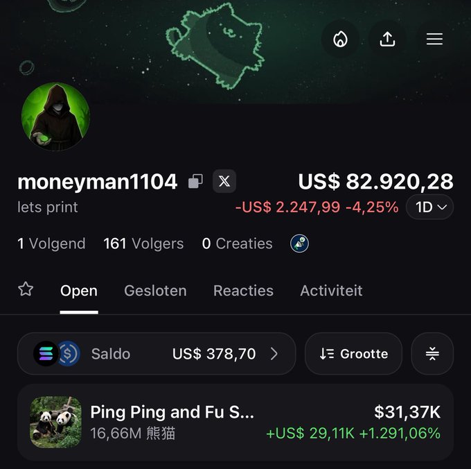 A screenshot of the Pump.fun profile page for "moneyman1104" displays a portfolio balance of US$ 82,920.28 (down -4.25%), with 161 followers and 1, day-over-day view. The page shows a "Ping Ping and Fu S..." token holding valued at $31.37K, aligning with the user's stated plan to speedrun a fresh Pump.fun wallet toward a $1 million portfolio.