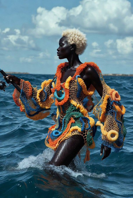 A striking fashion editorial photograph features a model with bleached blonde hair wading through ocean water, wearing an elaborate, colorful crocheted or netted garment with orange, yellow, and blue textures, holding what appears to be a fishing rod.
