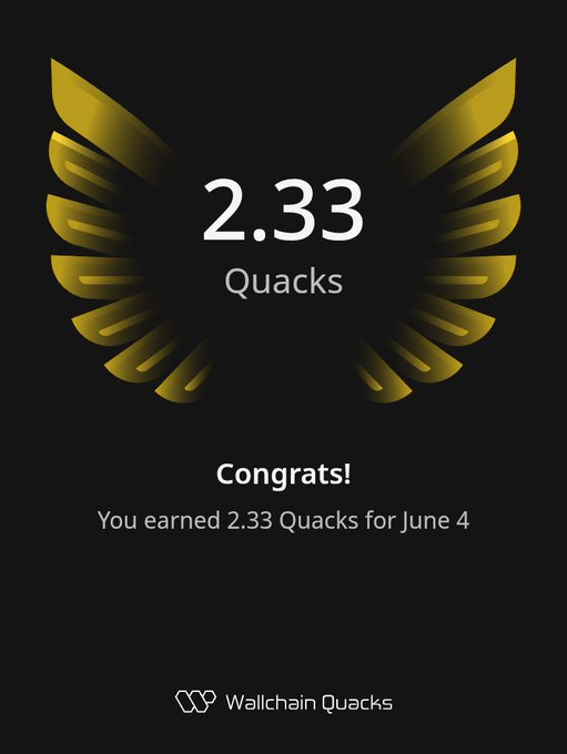 The image features a poster or card displaying an award for Quackers, which has a gold and black color scheme. The text on the card congratulates users who have earned 2.33 Quacks by June 4th.