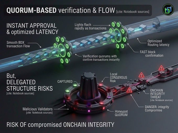 An infographic titled 'QUORUM-BASED verification & FLOW' illustrating instant approval and optimized latency on top, and delegated structure risks with malicious validators and onchain integrity threats on the bottom.