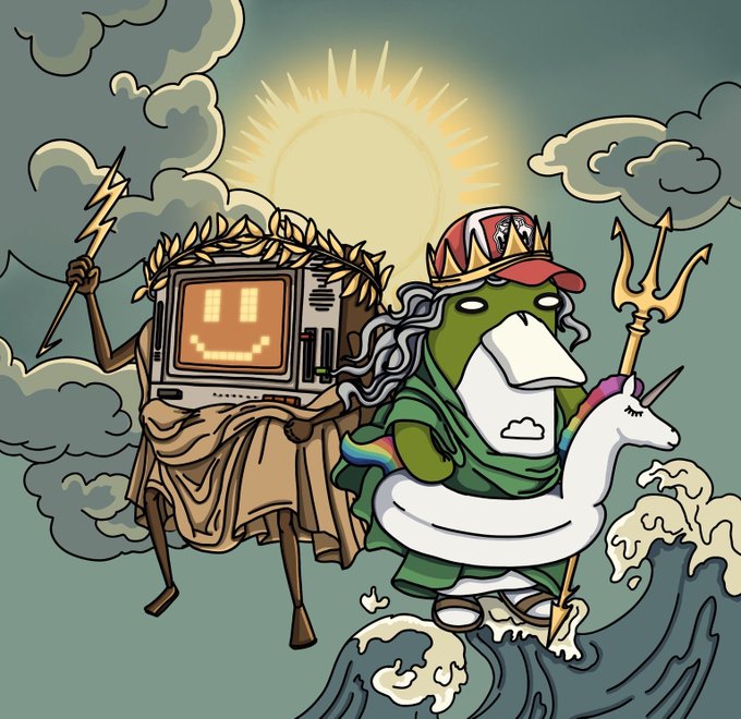 A cartoon illustration of a green Pepe-like figure dressed as a Greek god holding a trident and float ring, riding a unicorn, alongside a retro computer character holding a lightning bolt, with a Pegasus below.
