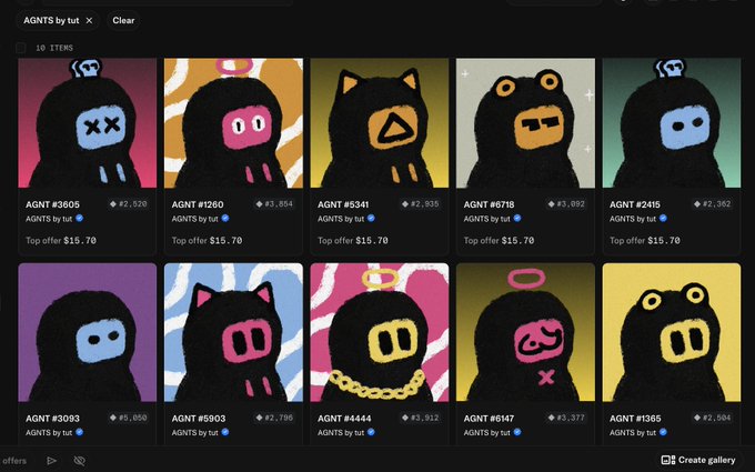 A grid of 10 digital NFT collectibles titled 'AGNTS by tut' shows fuzzy, black, hooded characters with various facial expressions against colored backgrounds.