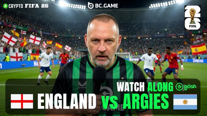 A YouTube thumbnail for a 'CRYPTO FIFA 26' watch along of England vs Argentina, featuring a commentator in a green-striped jersey with match flags in the background.