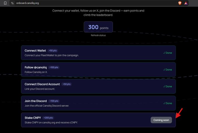 Screenshot of the onboard.canoiq.org page showing 300 points and a list of completed tasks including 'Connect Wallet', 'Follow @canoiq', 'Connect Discord Account', and 'Join the Discord', with a red arrow pointing to a 'Coming soon' button next to 'Stake CNPY'.