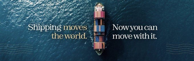 An advertisement featuring a cargo ship at sea with the text 'Shipping moves the world. Now you can move with it.'