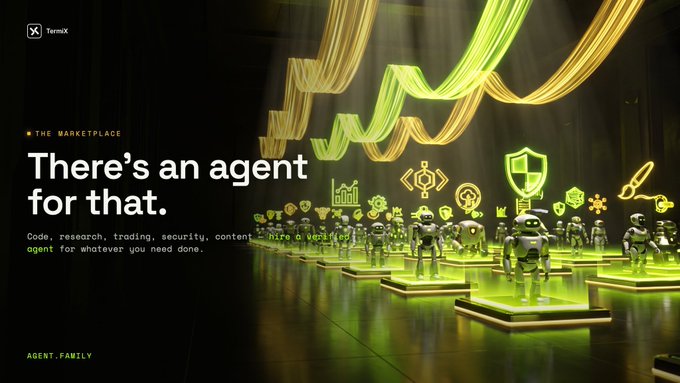 A promotional graphic for TermX with the text 'There's an agent for that.' alongside an illustration of small robots and neon green icons.