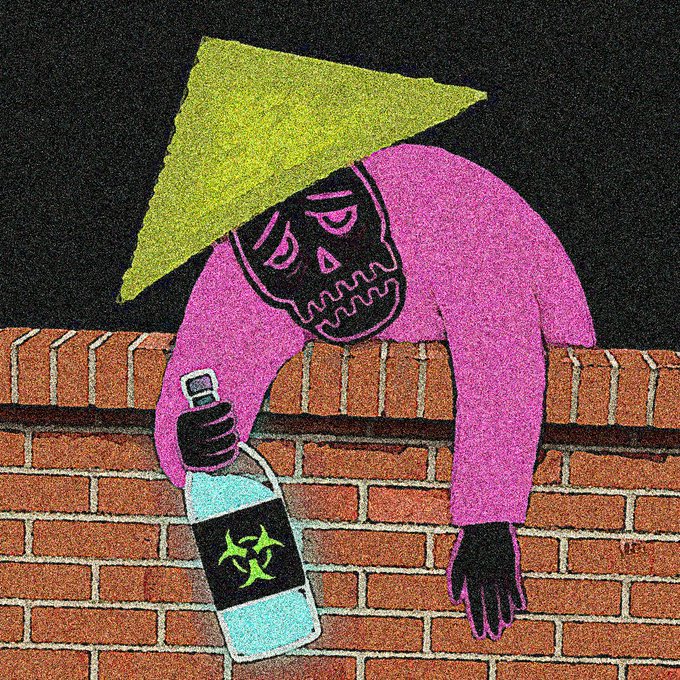 An illustration of a skeleton figure wearing a bright pink hoodie and a yellow triangular hat, leaning over a brick wall and holding a spray bottle with a green biohazard symbol on it. The artwork has a grainy, textured style with a black background.