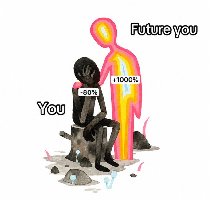 An illustration showing a dark, despondent figure labeled 'You' with '-80%' sitting on a tree stump, while a glowing pink and yellow figure labeled 'Future you' with '+1000%' comforts them from behind.